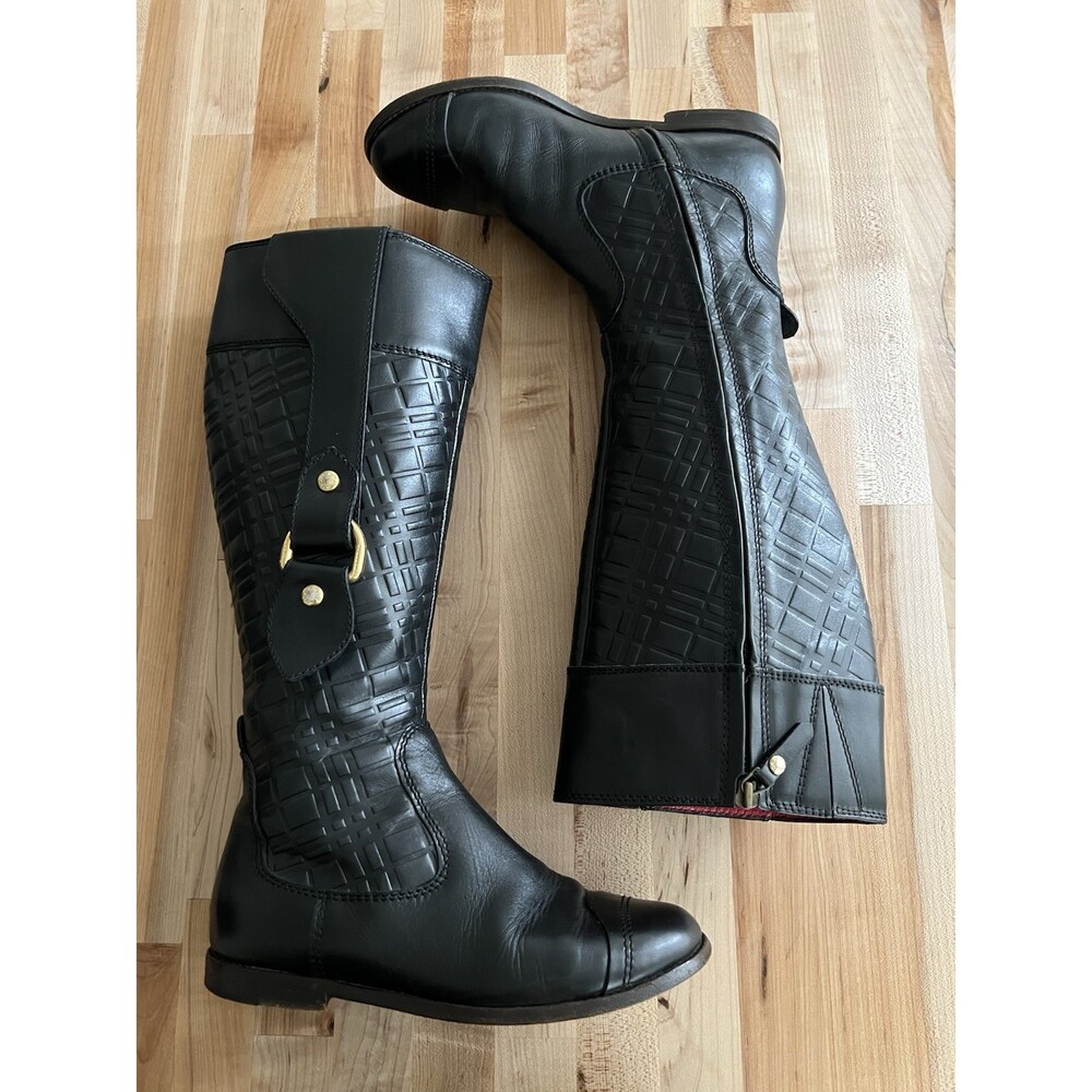 Burberry Embossed Nova Check Equestrian Riding Boot Black Leather Gold Buckle 36